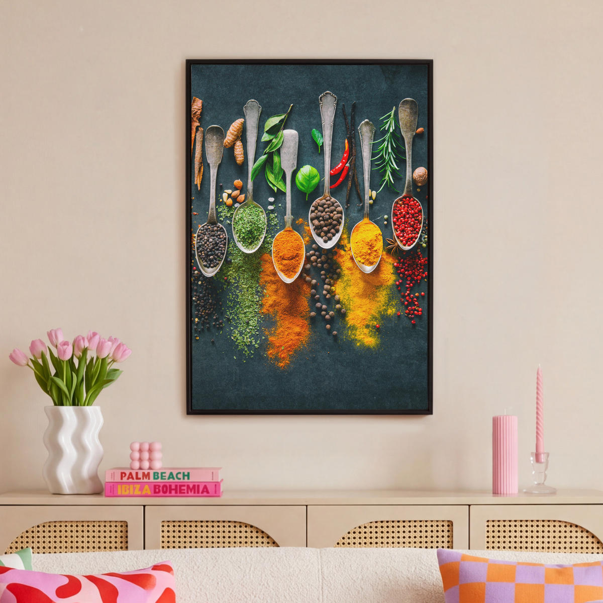 LEINWAND Bilder mit Rahmen - Kräuter - Gewürze - Löffel - 60x90 - Currygelb, Textil (60/90cm) - MuchoWow