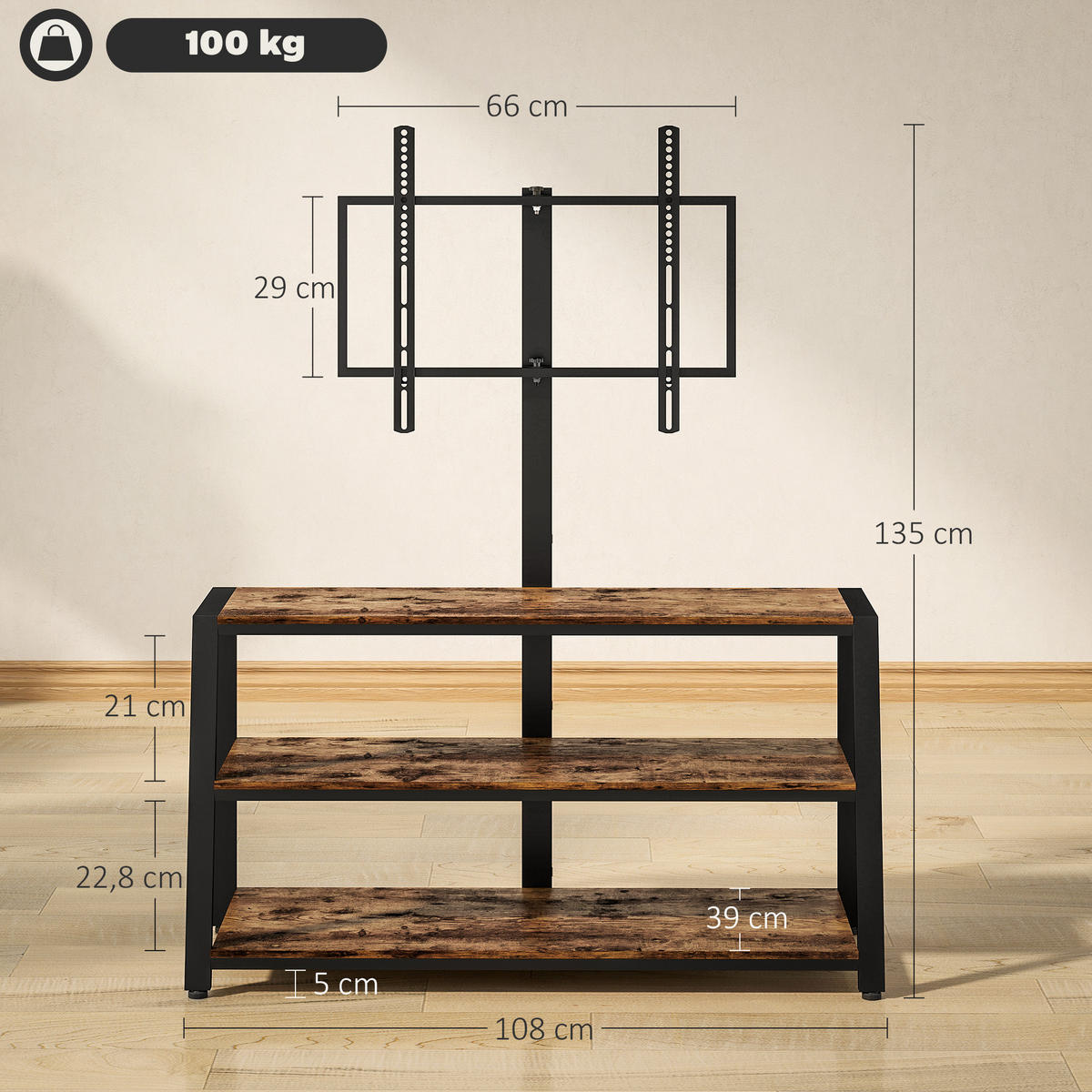 TV-SCHRANK Braun/Schwarz 108/41/135 cm, Mit TV-Halterung, Schwenkbar, Offene Fächer - Braun, Holzwerkstoff (108/135/41cm) - PANGIVO
