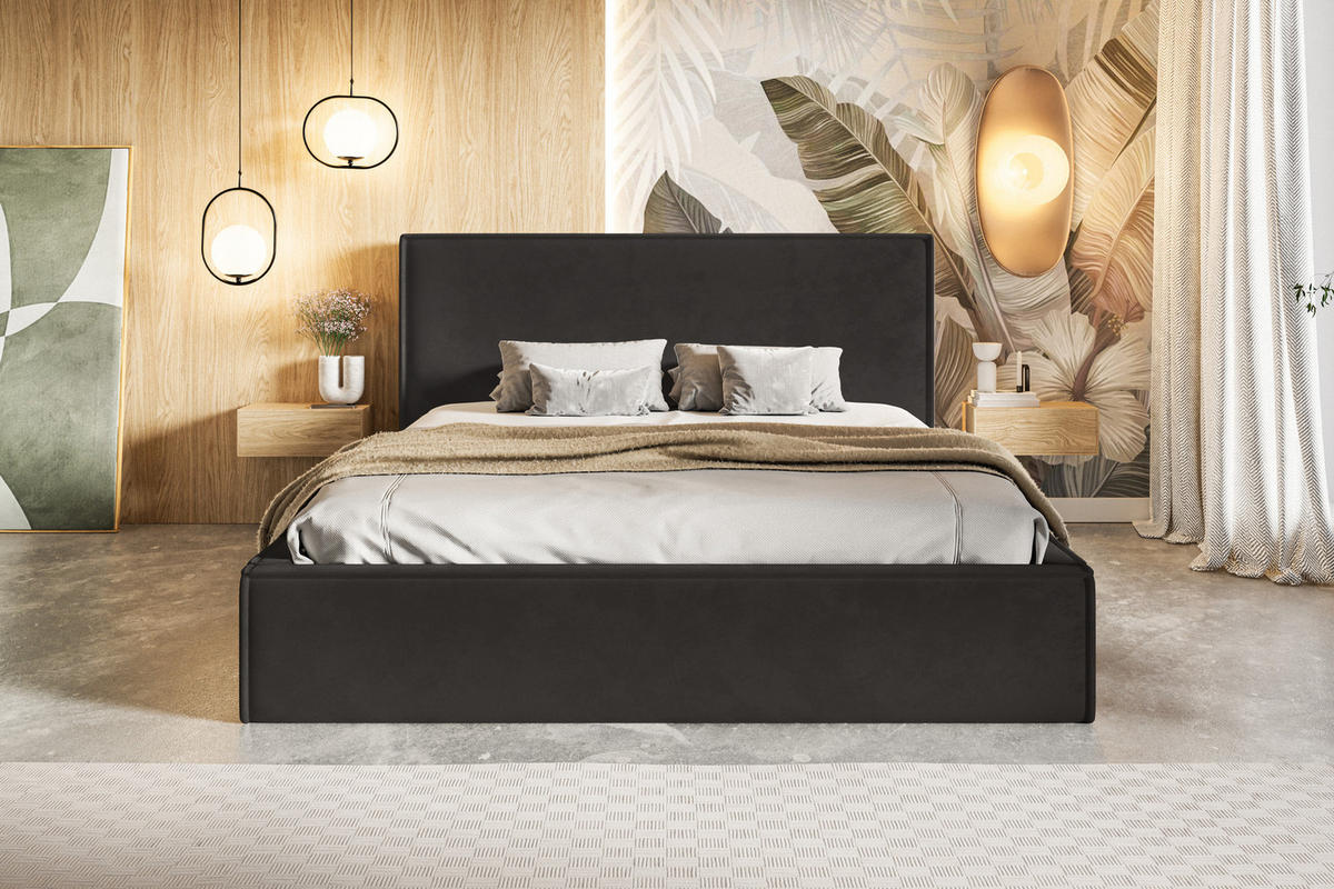 DOPPELBETT 180x200 cm mit Bettkasten Kyoto, Samtstoff, Schwarz - Schwarz, Holz/Textil (180/200cm) - Emporius