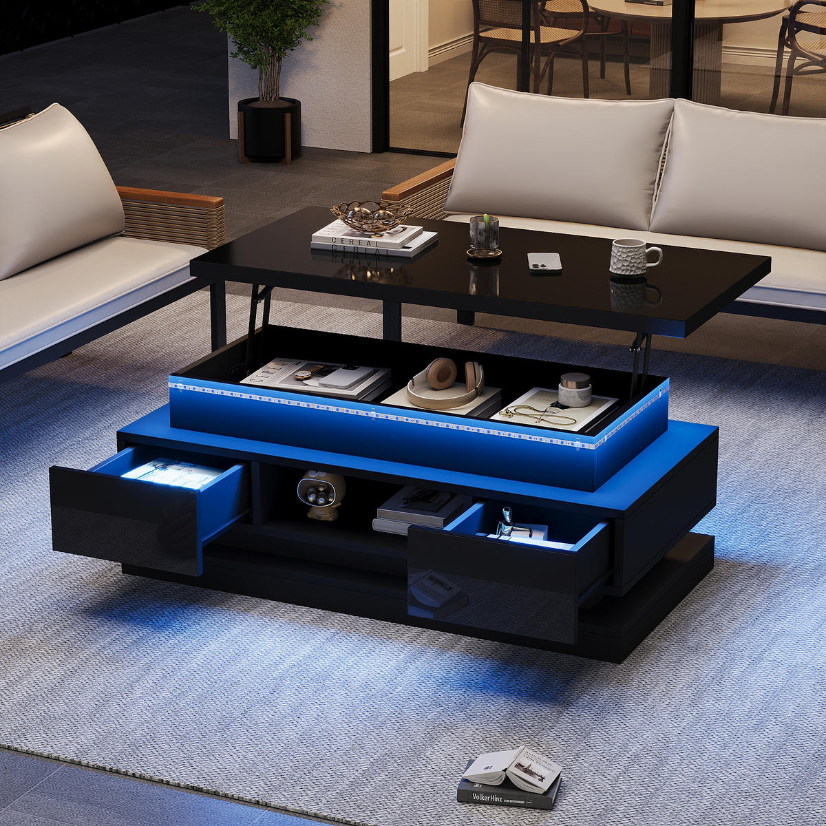 COUCHTISCH Schwarz Hochglanz anhebbar mit LED und 2 Schubladen 100/50/40 cm - Schwarz, Holzwerkstoff (50/100/40cm) - PANGIVO