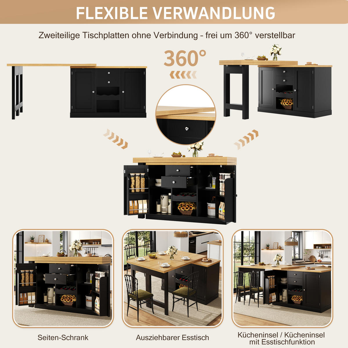 ESSTISCH Ausziehbar 120–197cm 360° Weinregal Stauraum - Schwarz, Holzwerkstoff (40/120/74cm) - FLIEKS