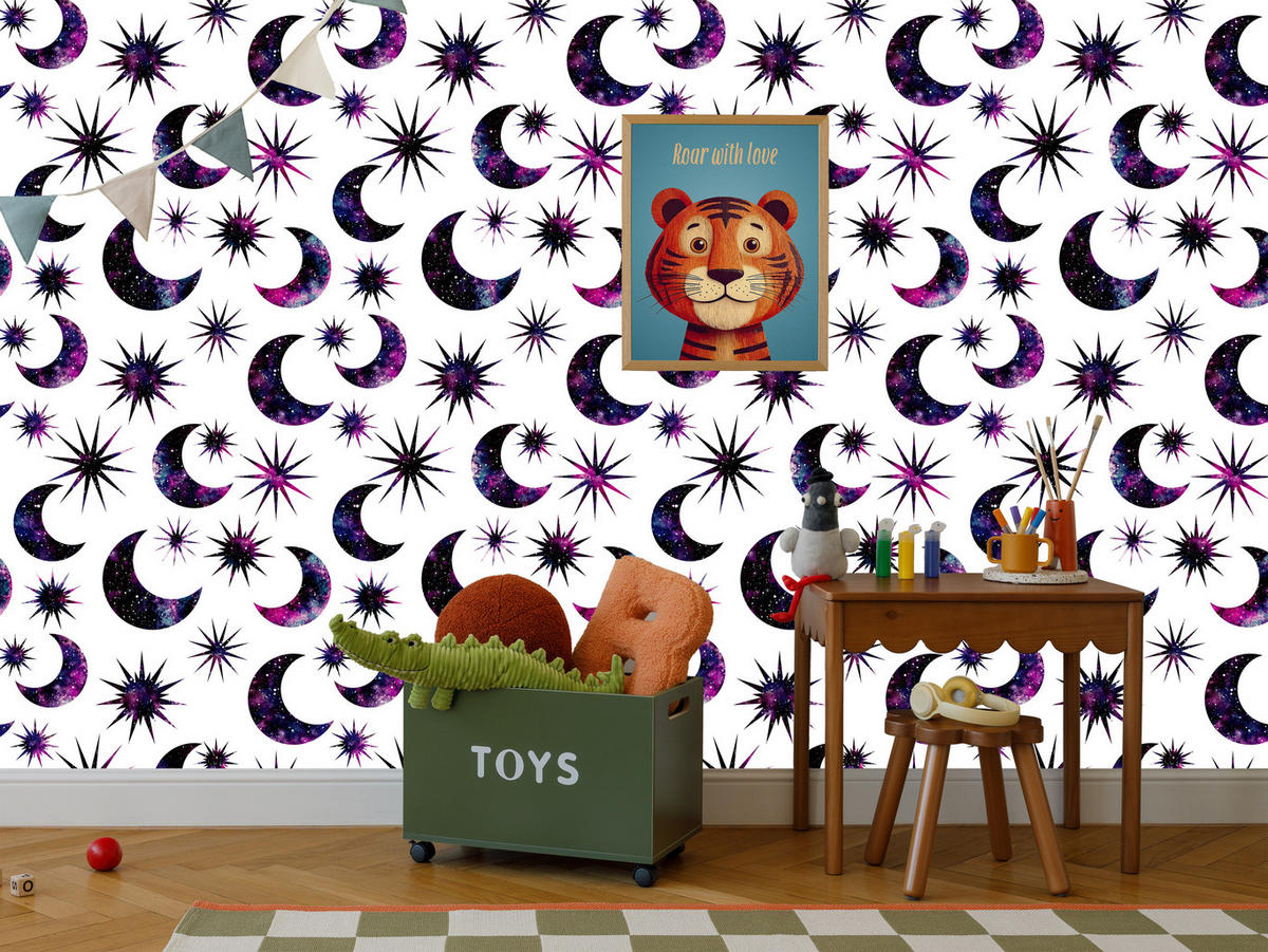 VLIESTAPETE Monde und Sterne – Lila, Schwarz, Weiß – 50x1000 cm - Lila/Schwarz, Papier (50/1000cm) - Muralo