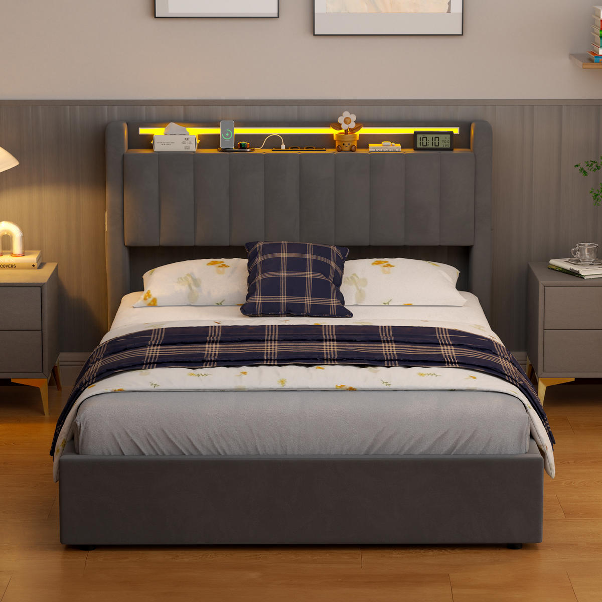 POLSTERBETT 140/190 cm Dunkelgrau aus Samt mit Stauraum, LED-Beleuchtung und USB-Anschluss - Grau, Holzwerkstoff (140/190cm) - OKMYHOME