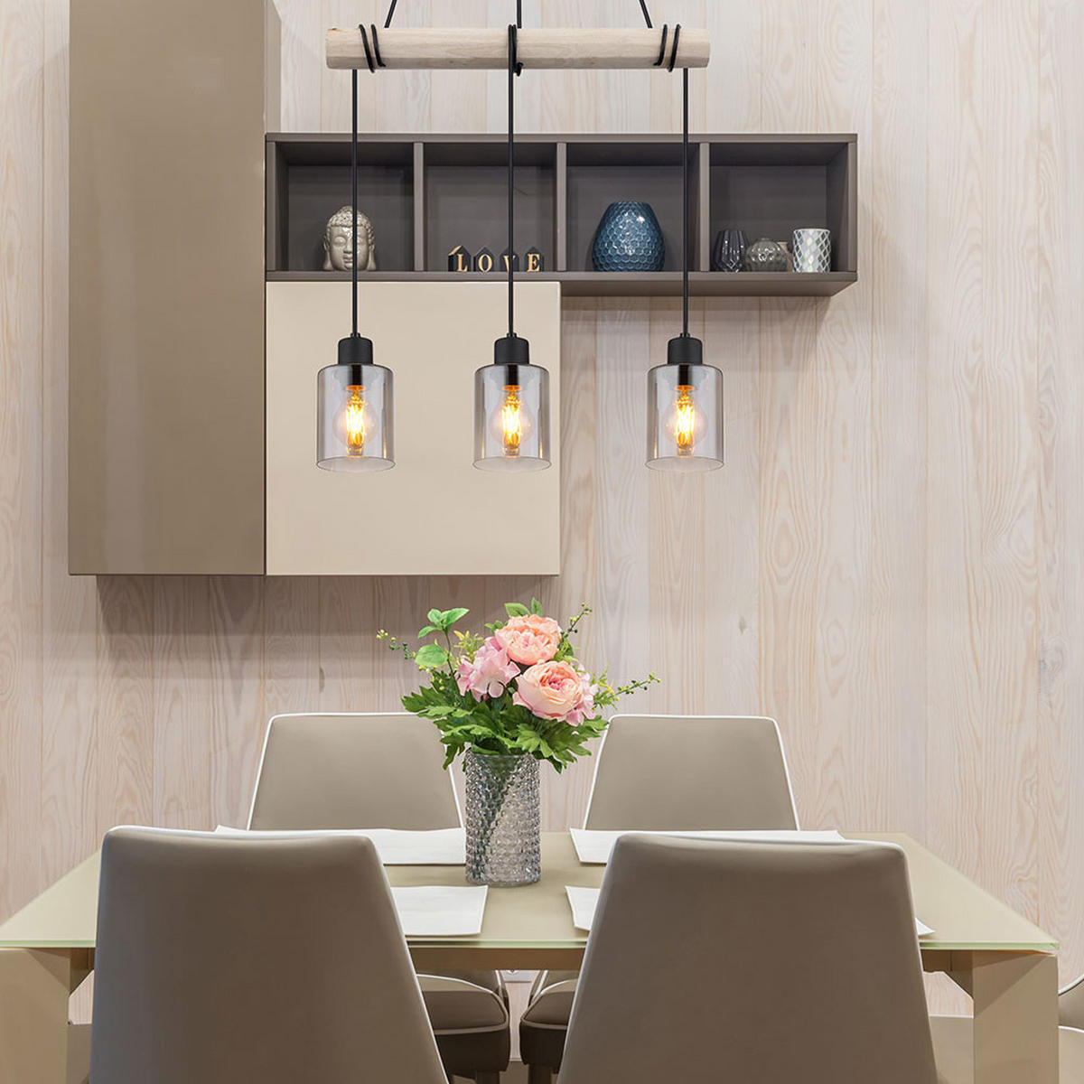 HÄNGELEUCHTE Holz Braun Glas rauchfarben - Braun, Holz (50/10/140cm) - Globo Lighting