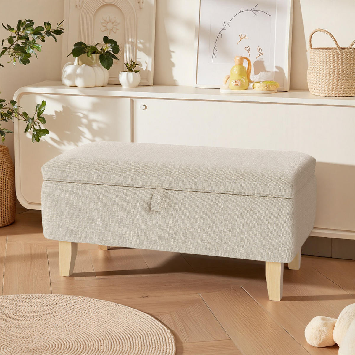 POLSTERHOCKER aus Leinen Schaumstoff Gummiholz in Beige 2-in-1-Design-Aufbewahrungshocker Stauraum 71/37/34 cm - Beige, Holz/Textil (71/34/37cm) - Livingandhome