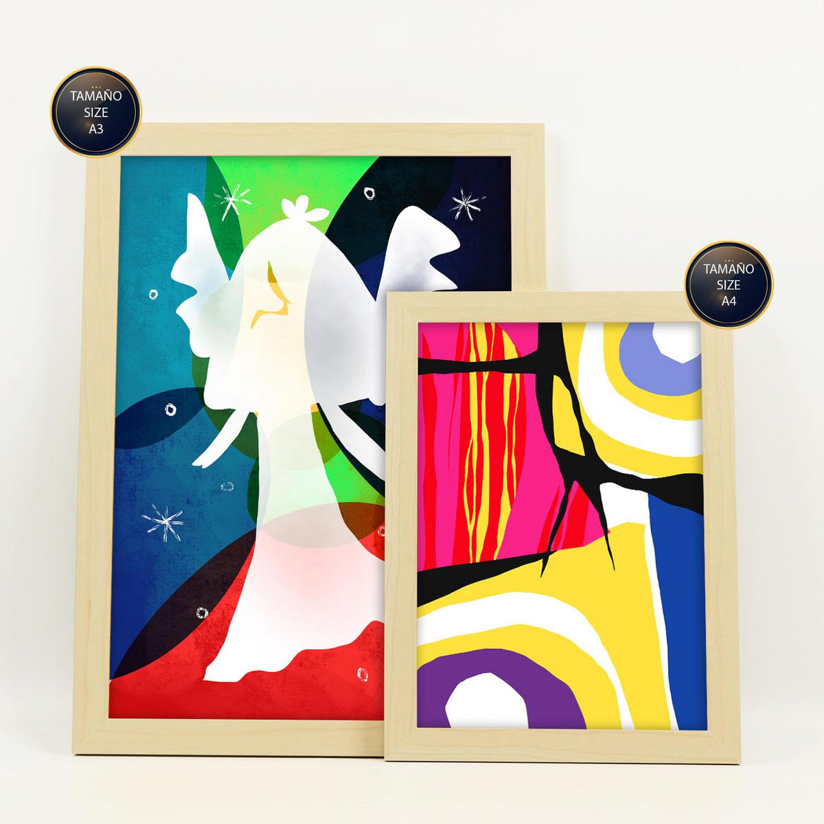 POSTER Set Mit 6 Flügel Des Friedens In Farbenfrohe Abstracts Ästhetische Dekorative Gemälde Für Ihr Wohnzimmer Zuhause A3 & A4 Rahmen Aus Hellem Holz - Beige, Papier (29/3cm) - Nacnic