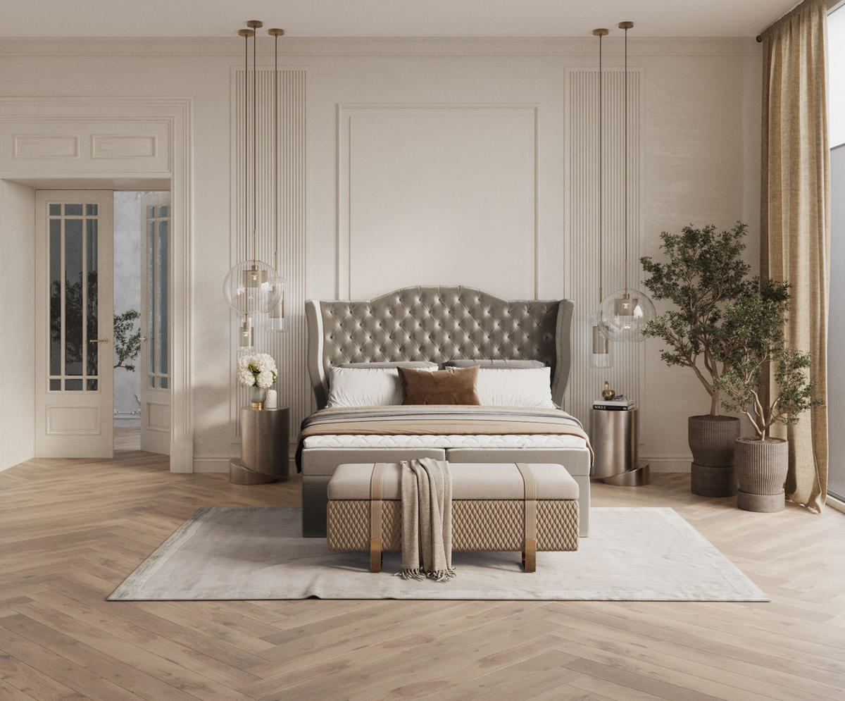 BOXBETT Royal Beige 200/200 cm im Chenille-Stoff - Beige/Schwarz, Holz/Holzwerkstoff (200/200cm) - Maison de Reve