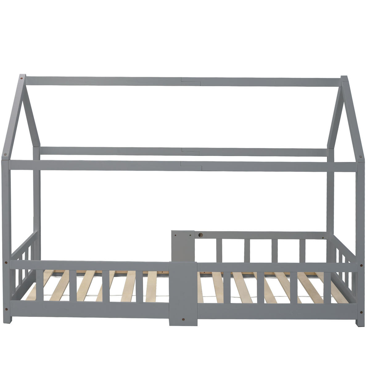 HAUSBETT 90/200 cm Grau aus Kiefer massiv mit Tafel und Rausfallschutz - Grau, Holzwerkstoff (90/200cm) - Flora Grace