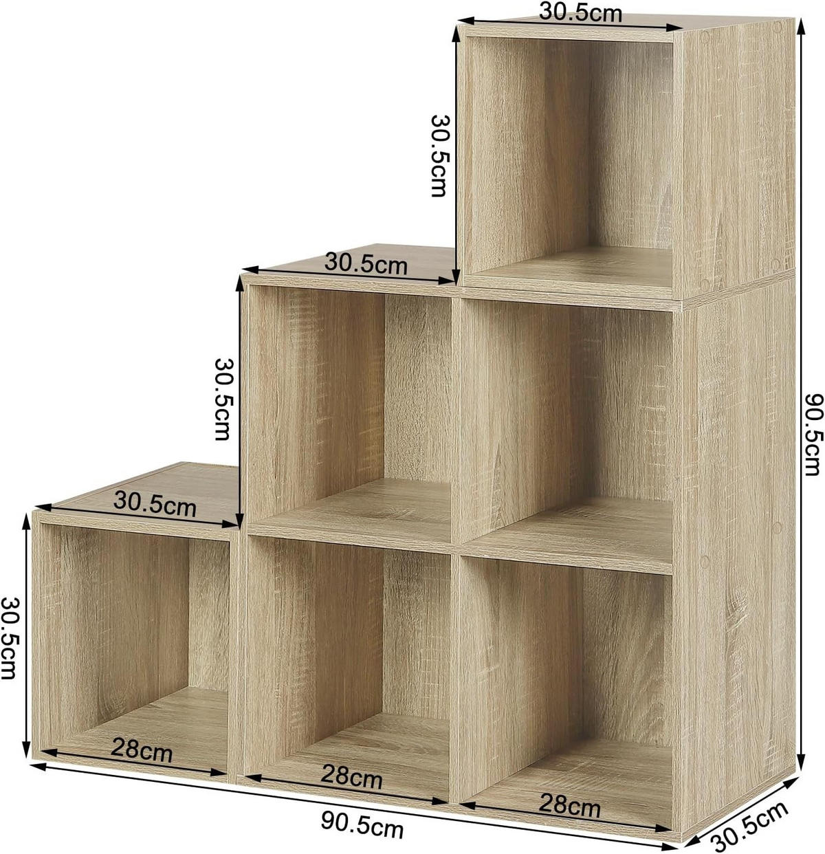REGAL Bücherregal mit 6 Fächern, Stufenregal, 90x90x30 cm, Helle Eiche - Eichefarben, Holzwerkstoff (90/90/30cm) - Woltu