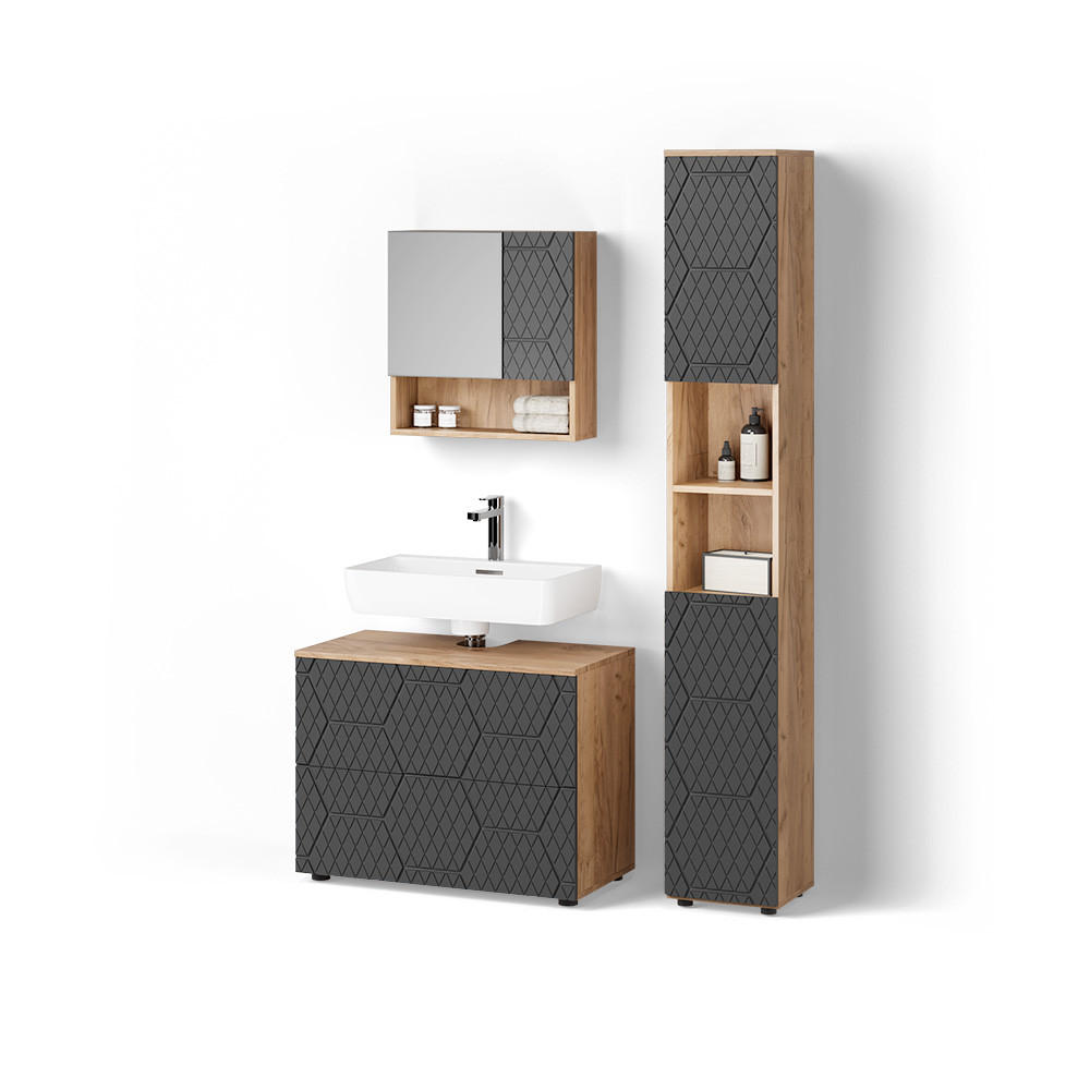 BADMÖBEL-SET Ronco Anthrazit gestreift 3 Teile, mit Schubladenschrank und Hochschrank - Honigeiche/Anthrazit, Holzwerkstoff (80/58/41cm) - Livinity®