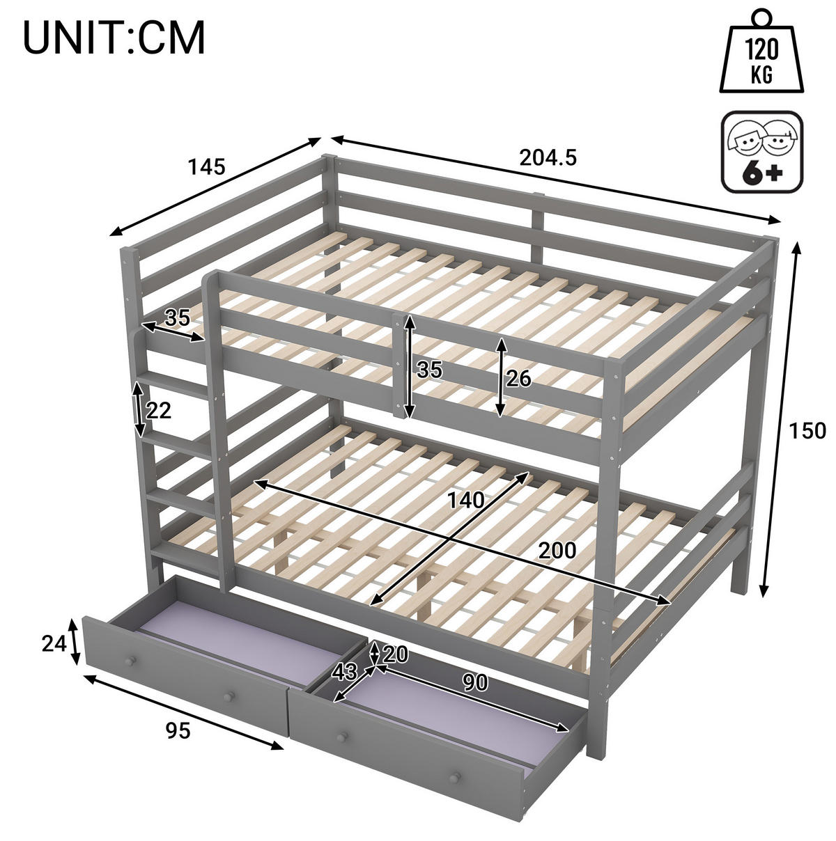 ETAGENBETT mit Schubladen 140x200 cm Kiefernholz Grau - Grau, Holzwerkstoff (140/200cm) - Beauniv