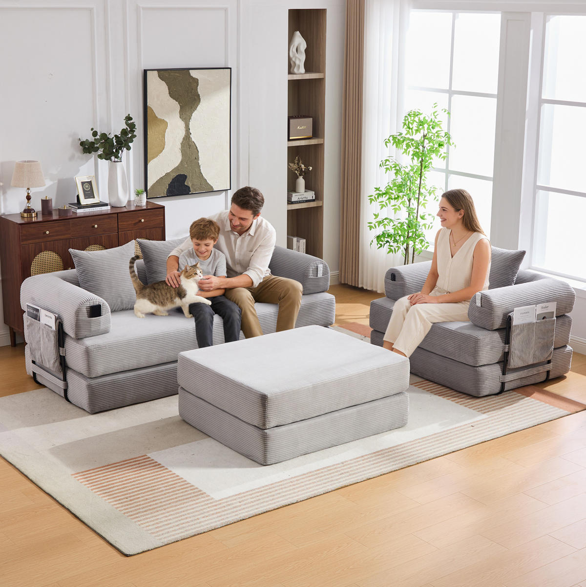 ECKSOFA aus Cord 200x94x67 cm Hellgrau mit Hocker, Metallrahmen und Seitentasche - Hellgrau, Textil (200/190cm) - Modfu