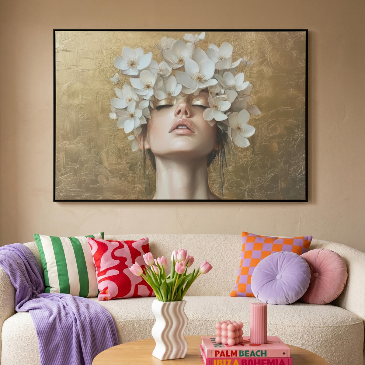 LEINWAND Bilder mit Rahmen - Gesicht - Blumen - Gold - Abstrakt - 120x80 - Goldfarben, Textil (120/80cm) - MuchoWow