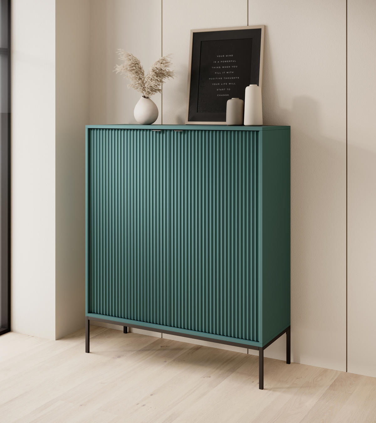 HIGHBOARD Nova Grün, Schwarze Beine und Schwarze Griffe - Schwarz/Grün, Holzwerkstoff/Metall (104/125/39cm) - Bettso