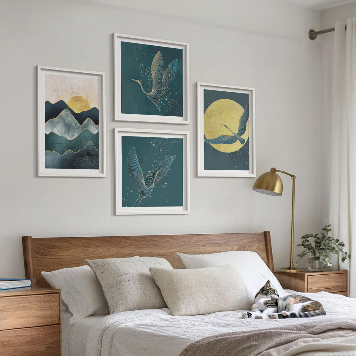WANDBILDER 4er-Set - 50x50 cm & 40x60 cm Weißer Rahmen - Vögel, Kraniche, Mond, Berge - Weiß, Kunststoff (50/50cm) - ArtPrintCave