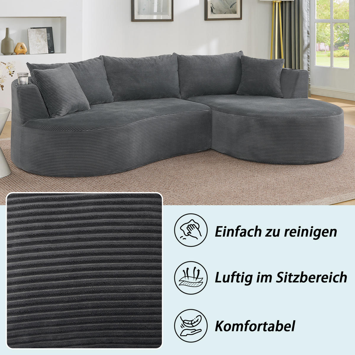 3-SITZER ECKSOFA Cord Grau mit Getränkehaltern und Kissen - Grau, Textil (264/168cm) - WISHDOR