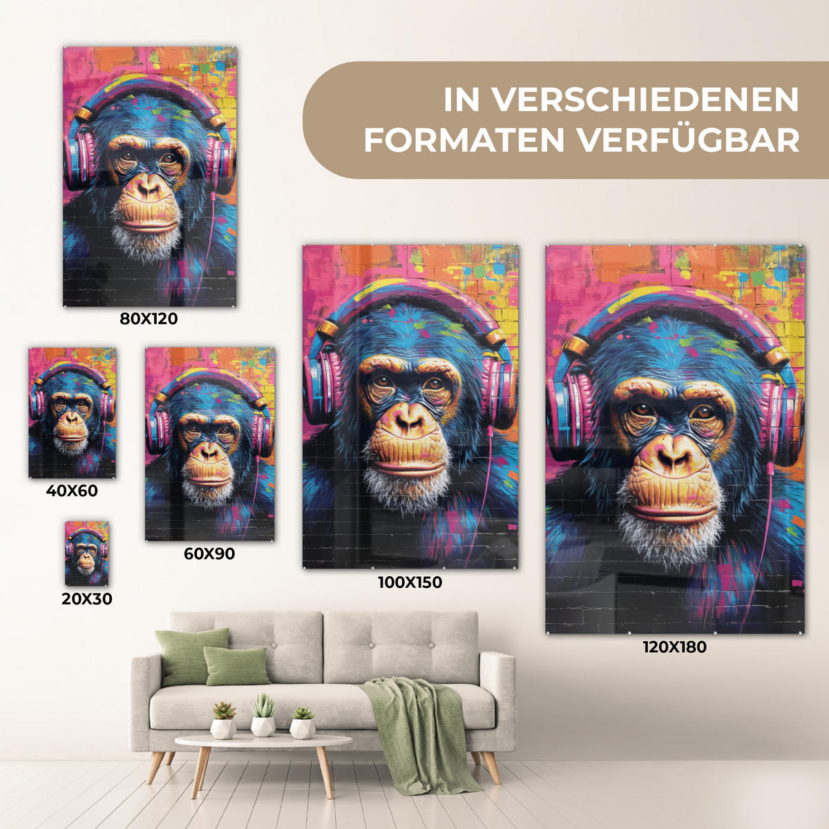ACRYLGLASBILD Graffiti - Schimpanse - Straßenkunst - Kopfhörer - Affe 40x60 cm - Blau, Glas (40/60cm) - MuchoWow