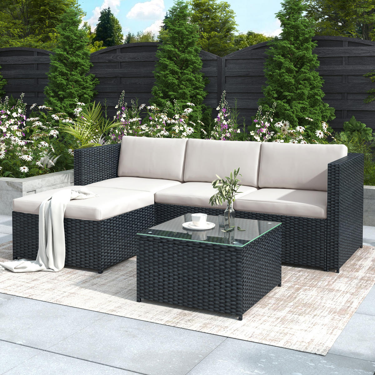 LOUNGESET Schwarz Poly Rattan Mit Sitzkissen & Glastisch - Schwarz, Metall - FLIEKS