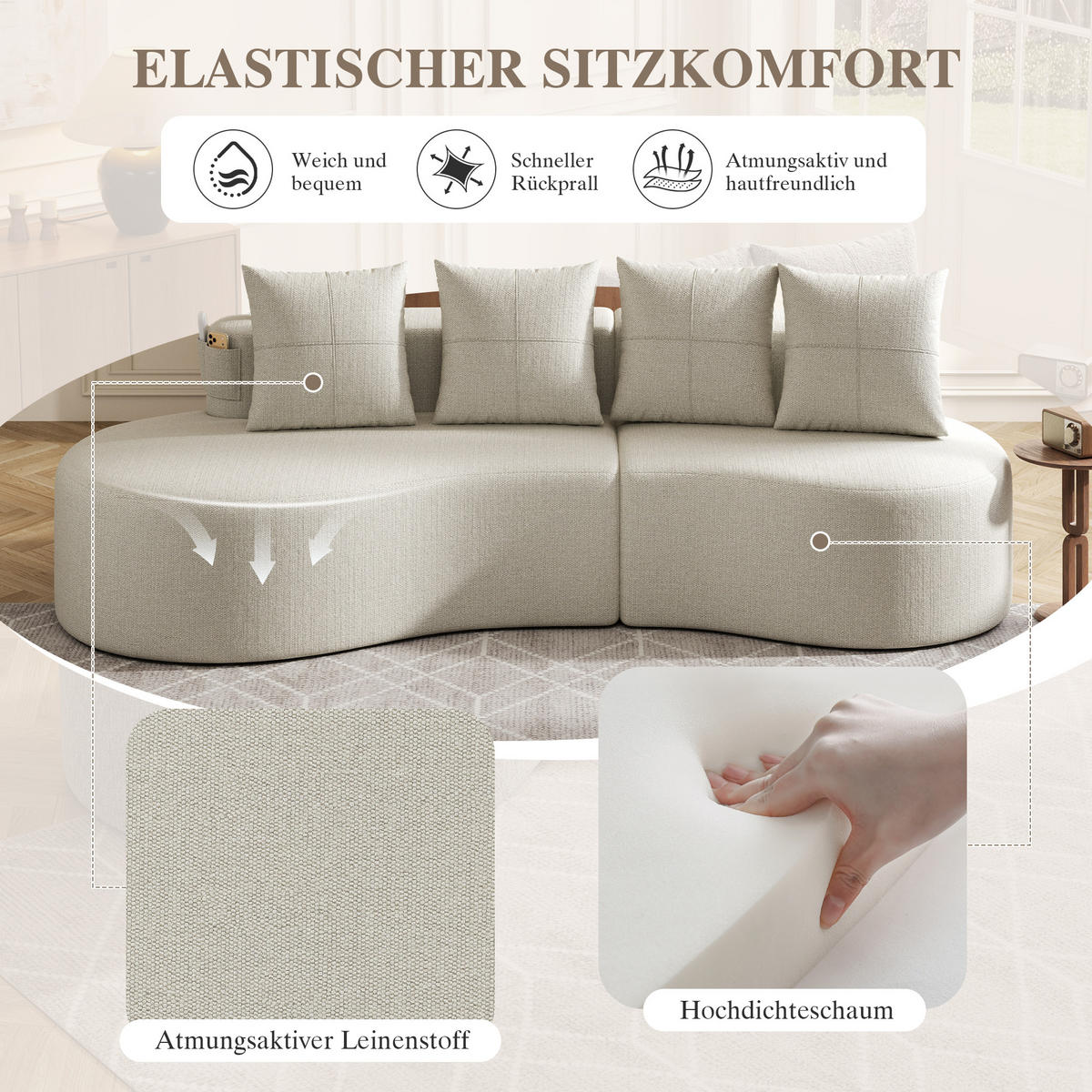 3-SITZER SOFA leinenstoff farbwahl mit getränkehalter & seitentaschen - Beige, Textil (240/63/109cm) - Urban Meuble