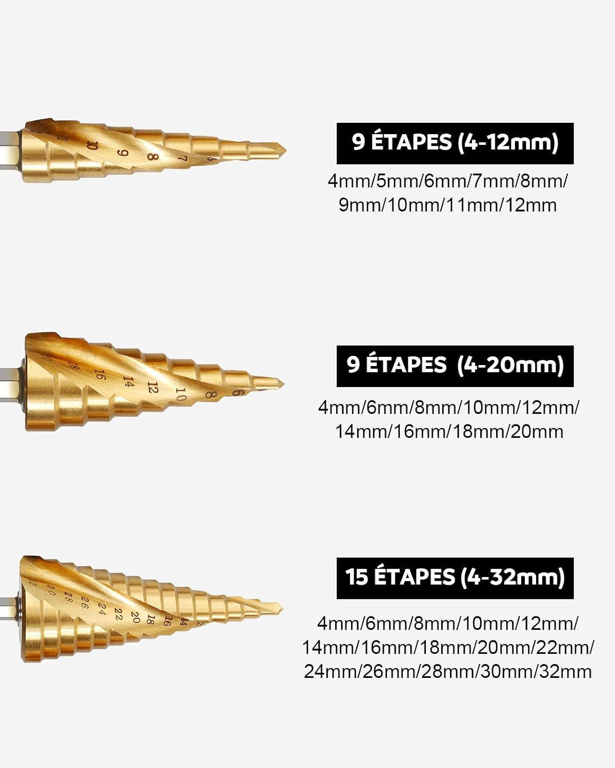 BOHRER - 3 Stück, Größen 4-12/20/32 mm, Sechskantschaft, zum Bohren von Schrauben in Stahl und Kunststoff. - Goldfarben, Metall (12/8/4cm) - DCA