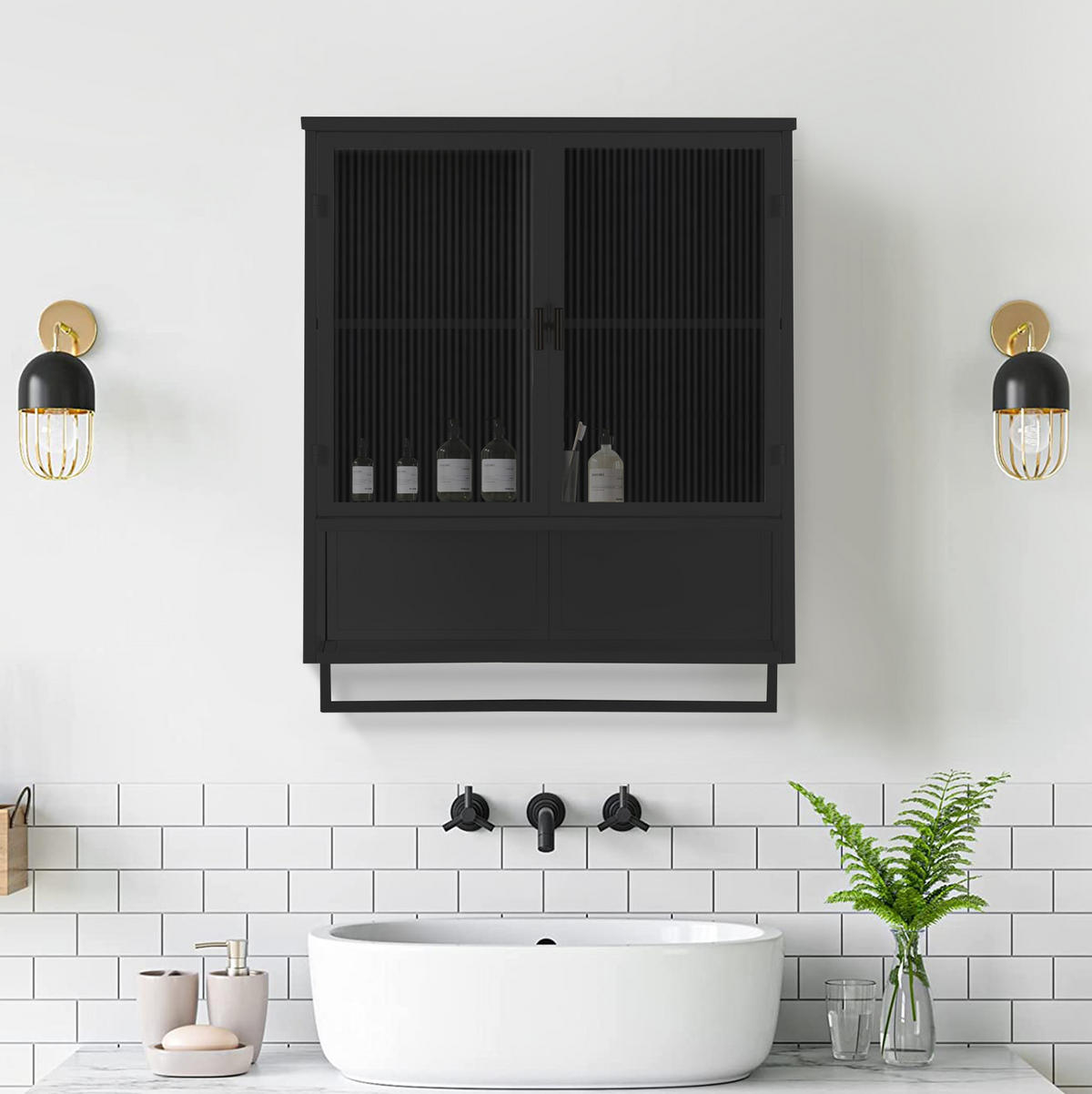 KÜCHENOBERSCHRANK 60x23x78 cm Schwarz aus Glas & Metall mit geriffeltem Glas & offenen Ablagen - Schwarz, Glas (60/78/23cm) - Modfu
