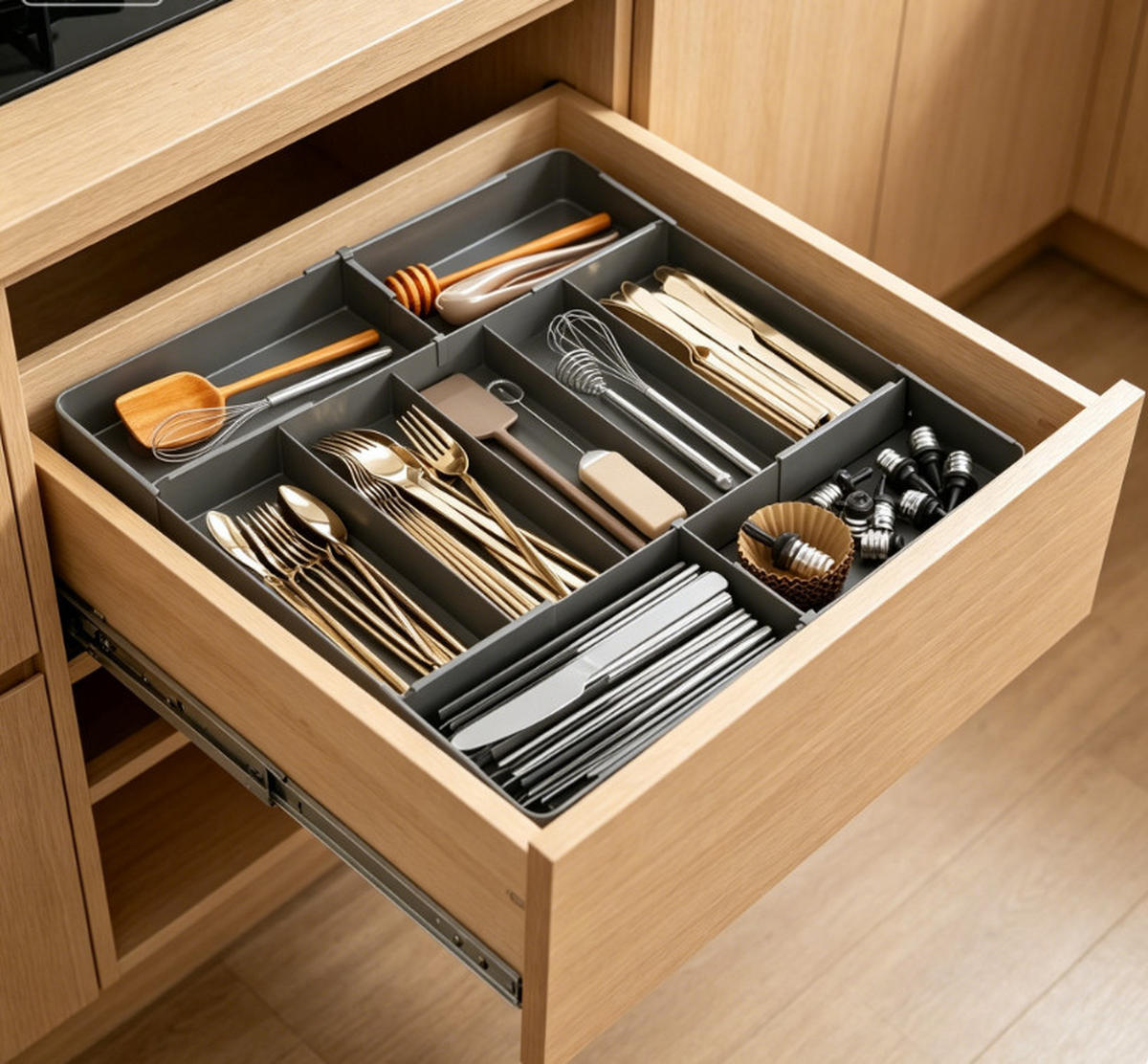 BESTECKEINSATZ,IN vier Richtungen Ausziehbar, (27–51) cm × (27–51) cm, Schwarz, Inklusive 2 Trennelementen. - Anthrazit, Kunststoff (51/5/51cm) - Weltevree