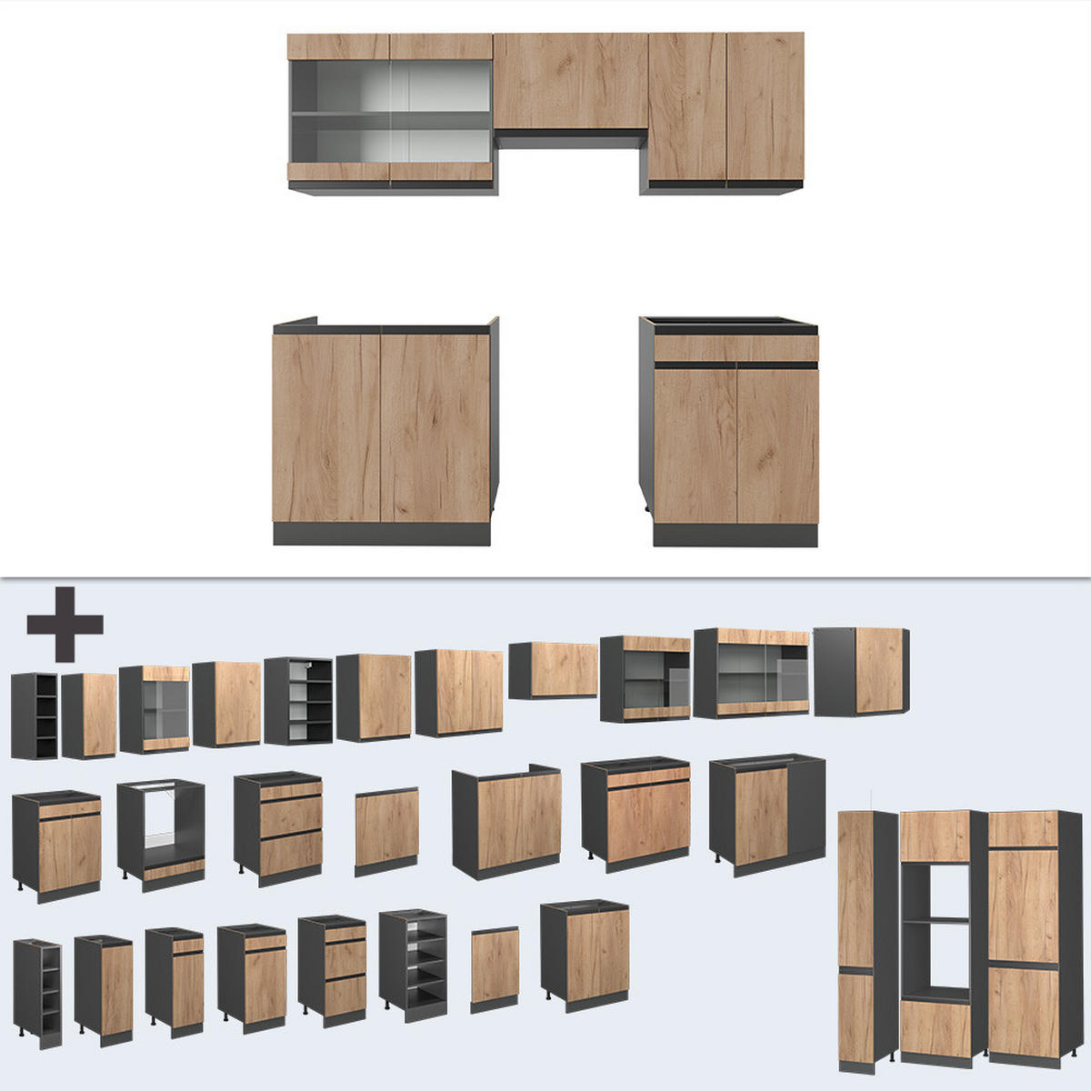 KÜCHENZEILE R-Line Goldkraft Eiche/Anthrazit 200 cm J-Shape - Honigeiche/Anthrazit, Holzwerkstoff (200/81.6/46cm) - Vicco