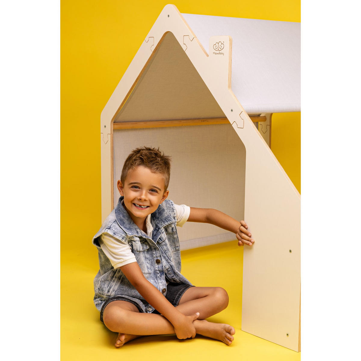 HOLZHÄUSCHEN Für Kinder mit Blauem Dach, Zarter Stoff, Spielhaus, Weiß - Weiß/Hellblau, Holz (110/112/98cm) - MeowBaby
