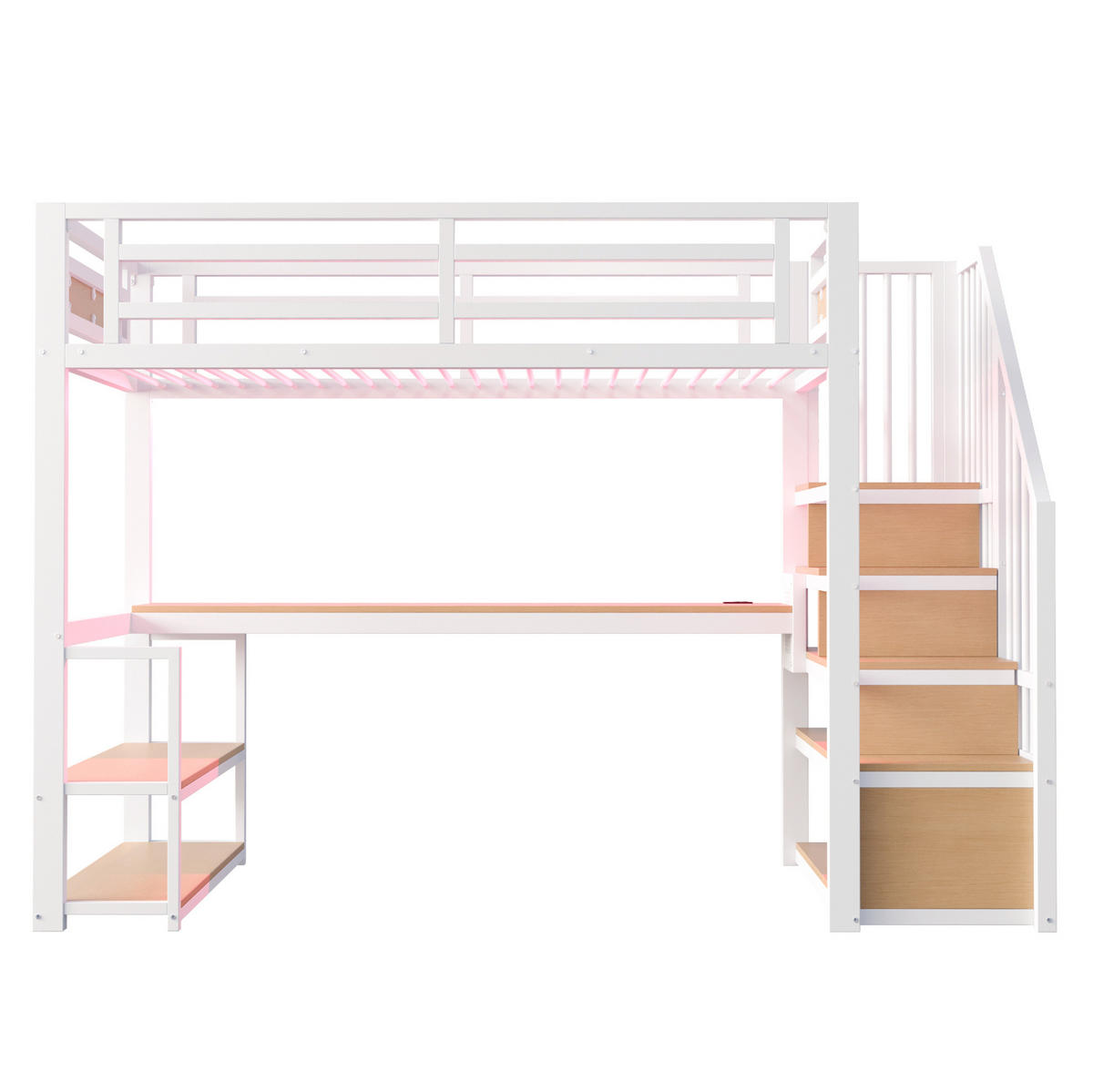 VISOKA postelja 90/200 cm bela z mizo, policami in stopnicami za shranjevanje iz kovine in MDF - bela, leseni material (90/200cm) - OKWISH