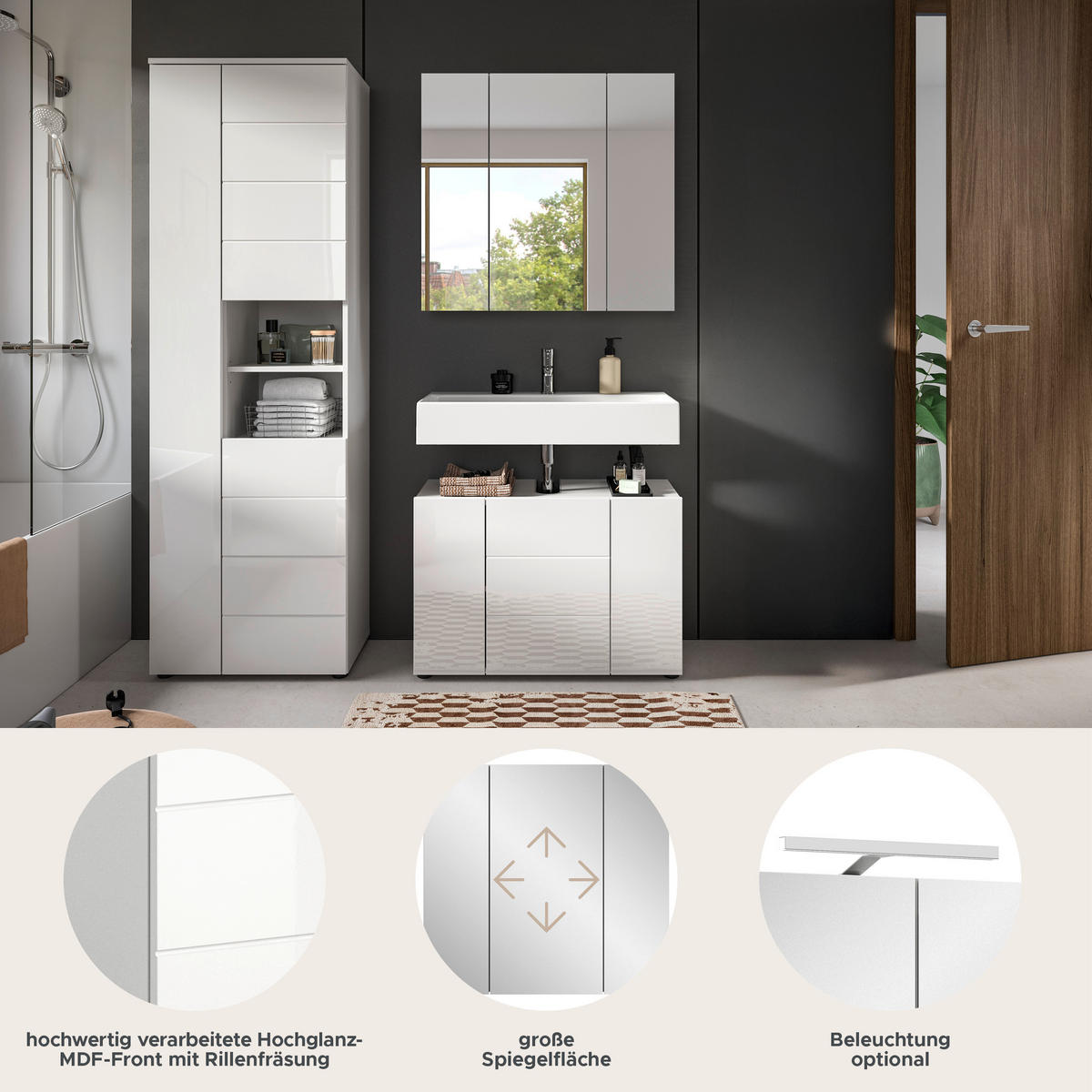 BADKOMBINATION 3tlg. Vira Bad in weiß Melamin und weiß hochglanz B/H/T: 157x190x34 cm - Weiß, Holz (157/190/34cm)