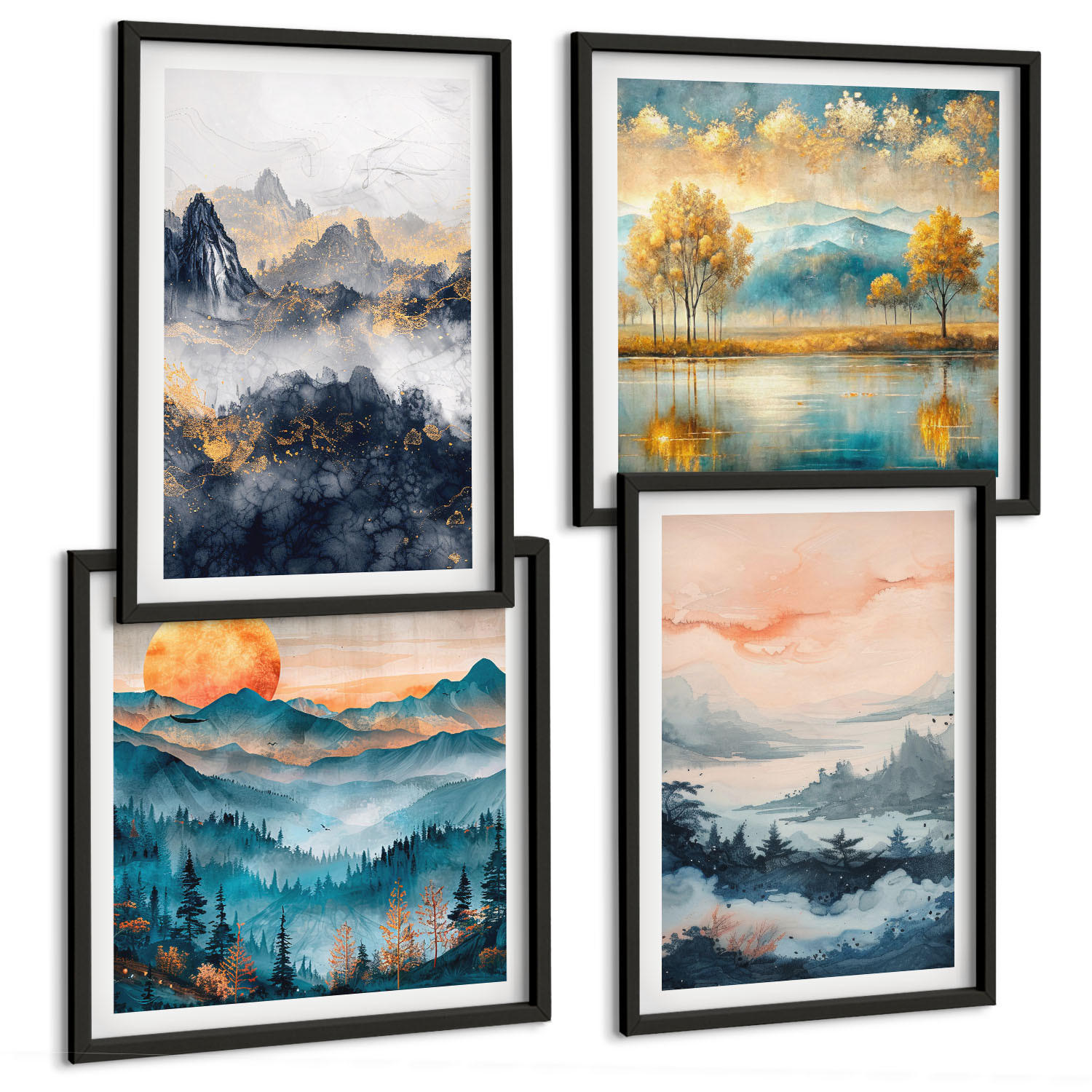 BILDER SET 4er Set - 50x50 cm & 40x60 cm Schwarzer Rahmen - Gemalte Abstraktionen der Natur - Schwarz, Kunststoff (50/50cm) - TULUP