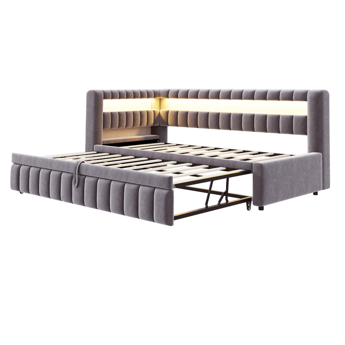 POLSTERBETT 90/200 mit Ausziehfunktion, LED-Beleuchtung und Kopfteilablagen mit USB und Type-C in Dunkelgrau - Grau, Holzwerkstoff/Textil (90/200cm) - EVRYAE