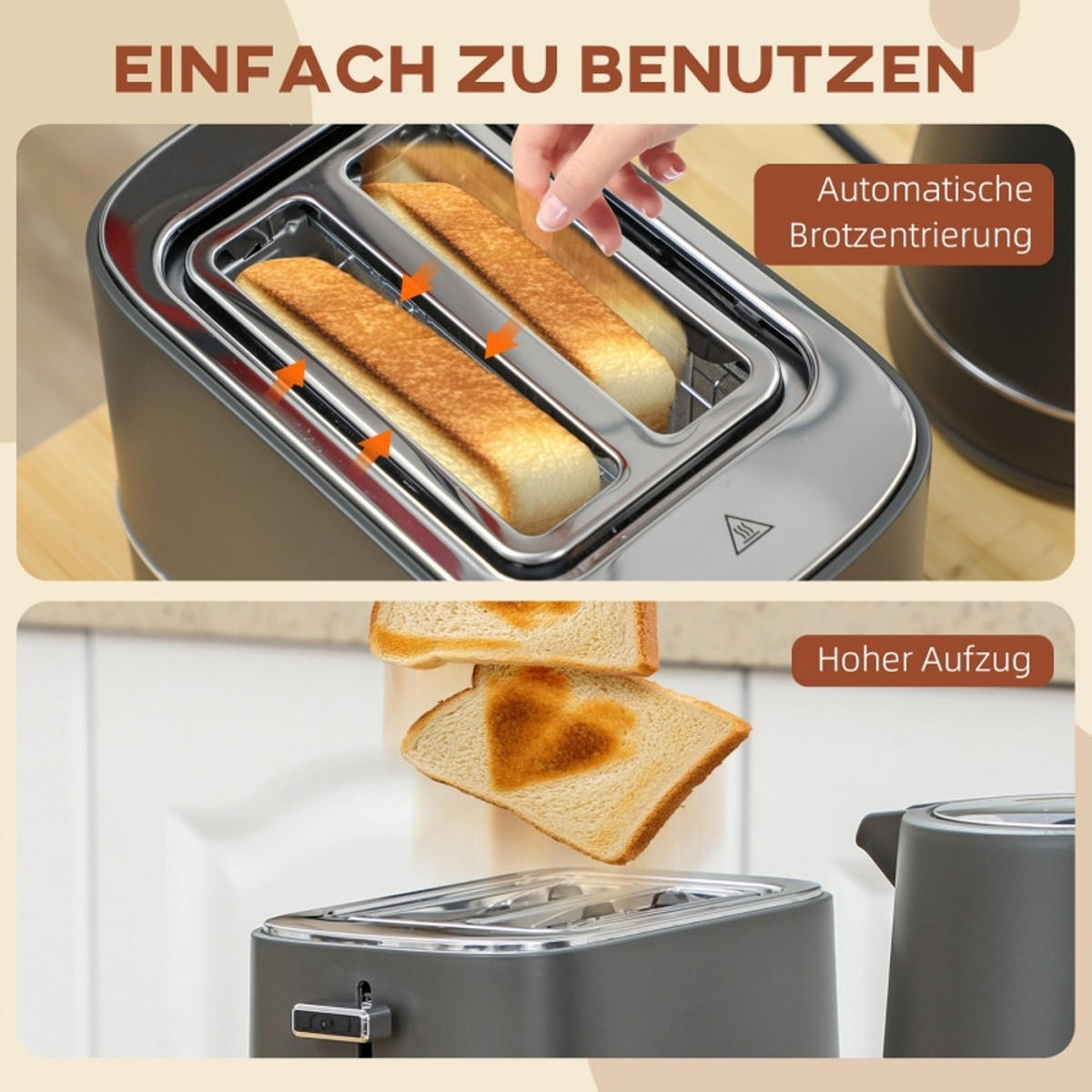 WASSERKOCHER-TOASTER SET, 1,7 L Kapazität, 6 Bräunungsstufen, Grau - Grau, Kunststoff (16/24.3/21.2cm) - Rolipo
