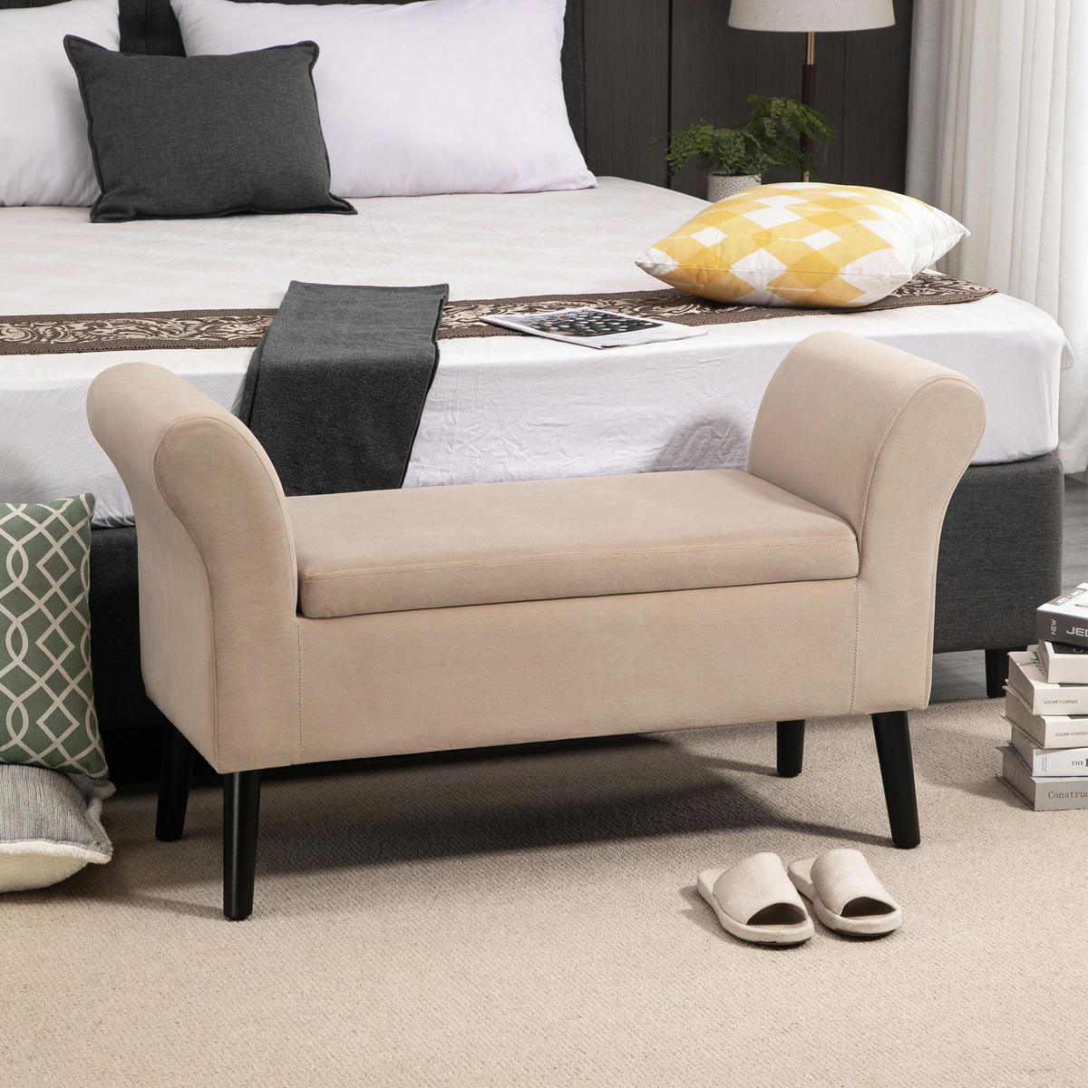 SITZBANK Polsterbank mit Stauraum Armlehnen Truhenbank modern Gummiholz Beige - Beige, Kunststoff (41/65/111.5cm) - HOMCOM