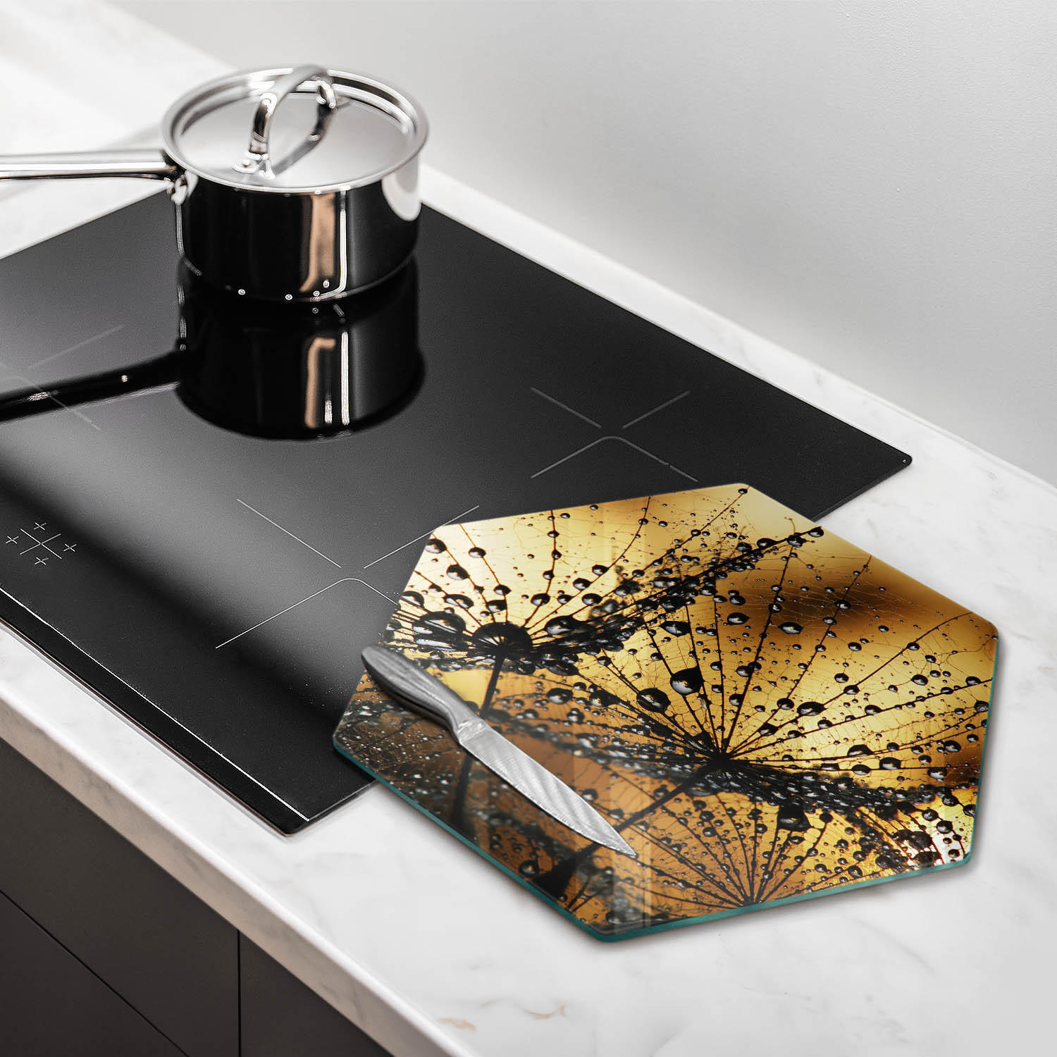 GLASPLATTE 40 cm Rosa und Pusteblumen - Gelb, Glas (40/40cm) - Wallfluent