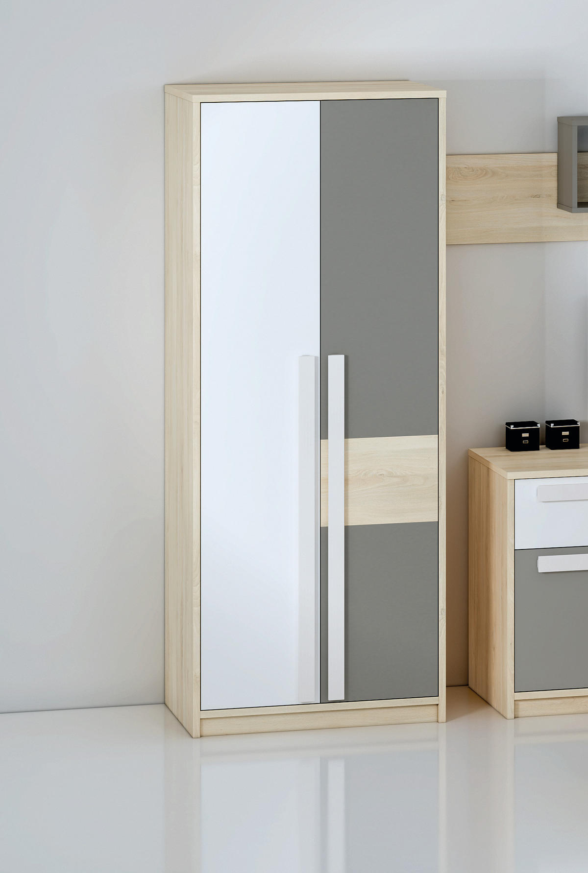 KLEIDERSCHRANK Drop Fjord Buche / weiß / grau 80 / 55 / 199cm - Multicolor/Braun, Holz/Holzwerkstoff (80/199/55cm) - Feldmann-Wohnen