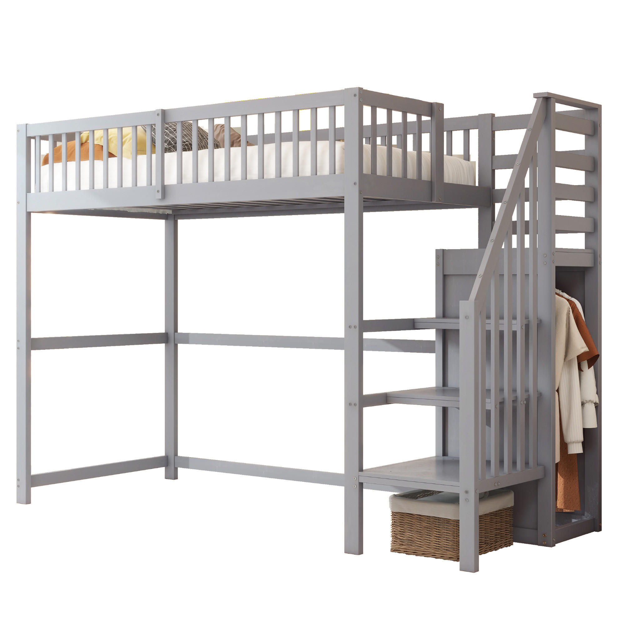 HOCHBETT mit Treppe und Kleiderschrank 90x200 cm Grau - Grau, Holzwerkstoff (90/200cm) - Beauniv