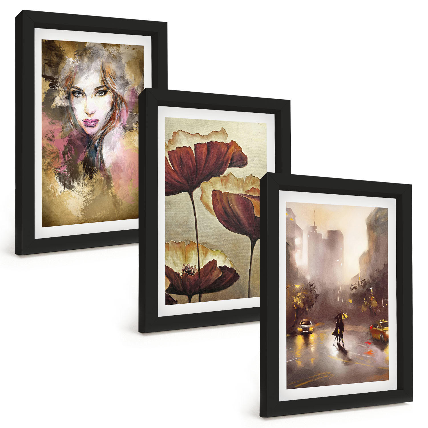 BILDER SET 3er Set - 20x30 cm Schwarzer Rahmen - Abstraktes Porträt einer Frau mit Blumen und Regen - Schwarz, Kunststoff (20/30cm) - TULUP
