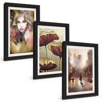 BILDER SET 3er Set - 20x30 cm Schwarzer Rahmen - Abstraktes Porträt einer Frau mit Blumen und Regen - Schwarz, Kunststoff (20/30cm) - TULUP