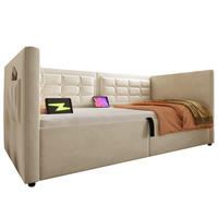 BETT 90/200 cm Beige mit hydraulischem Stauraum und USB- und Type-C-Anschlüssen - Beige, Textil (90/200cm) - OKWISH