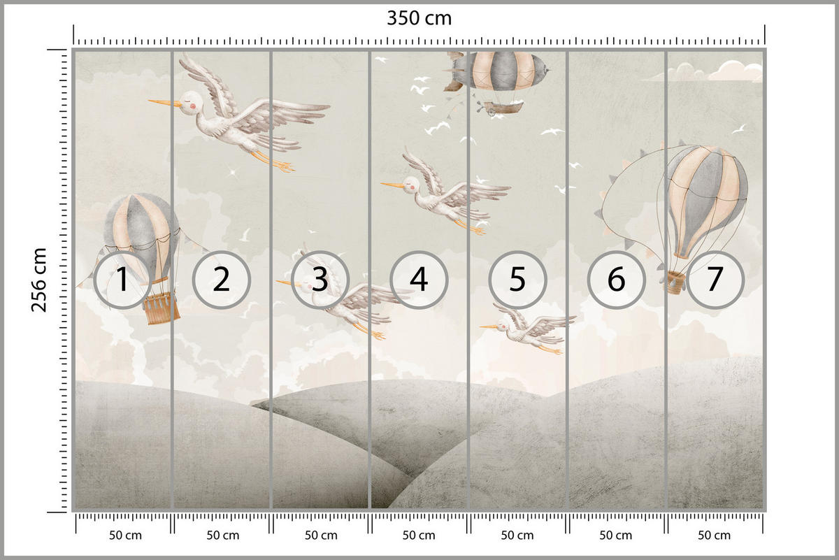 FOTOTAPETE für Kinderzimmer Boho Störche Aquarell Balon Luftschiff Himmel 350x256 - Beige/Weiß, Papier (350/256cm) - Muralo