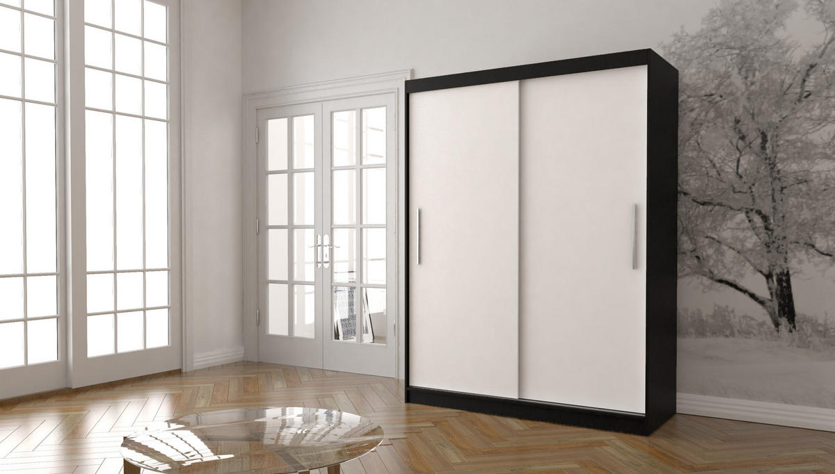 SCHIEBETÜRENSCHRANK -LARA 04 (Schwarz + Weiß) - Schwarz/Weiß, Holzwerkstoff/Metall (150/200/61cm) - Möblo