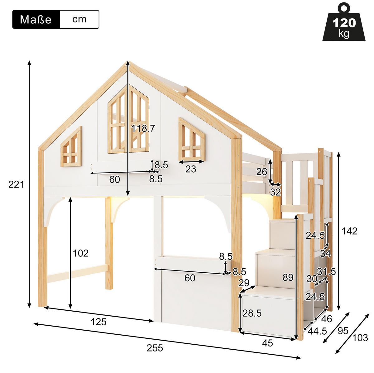 HOCHBETT 90 x 200 cm Weiß mit LED und Stauraumtreppe ohne Matratze - Weiß, Holz (90/200cm) - MIVRAY