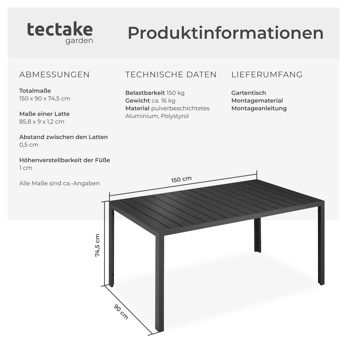 GARTENTISCH Bianca,150 x 90 x 74,5 cm,schwarz/schwarz - Schwarz, Metall (150/90/74.5cm) - tectake