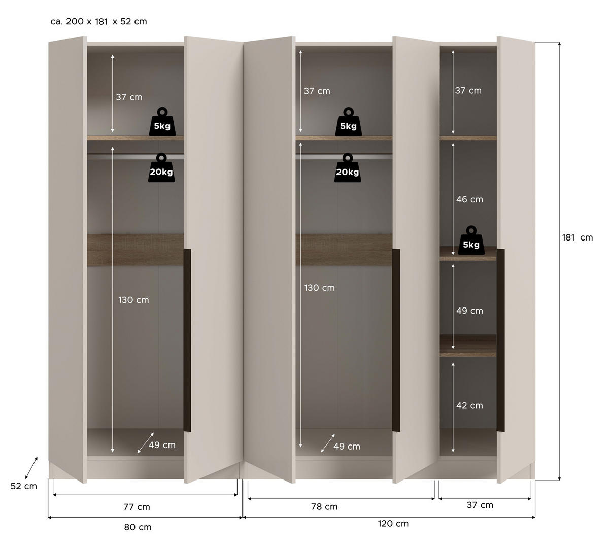 KLEIDERSCHRANK kaschmir 200 x 181 cm, Drehtürenschrank 5-türig mit Einlegeböden - Kaschmir/Schwarz, Holzwerkstoff/Kunststoff (200/181/52cm) - Inn.Furn