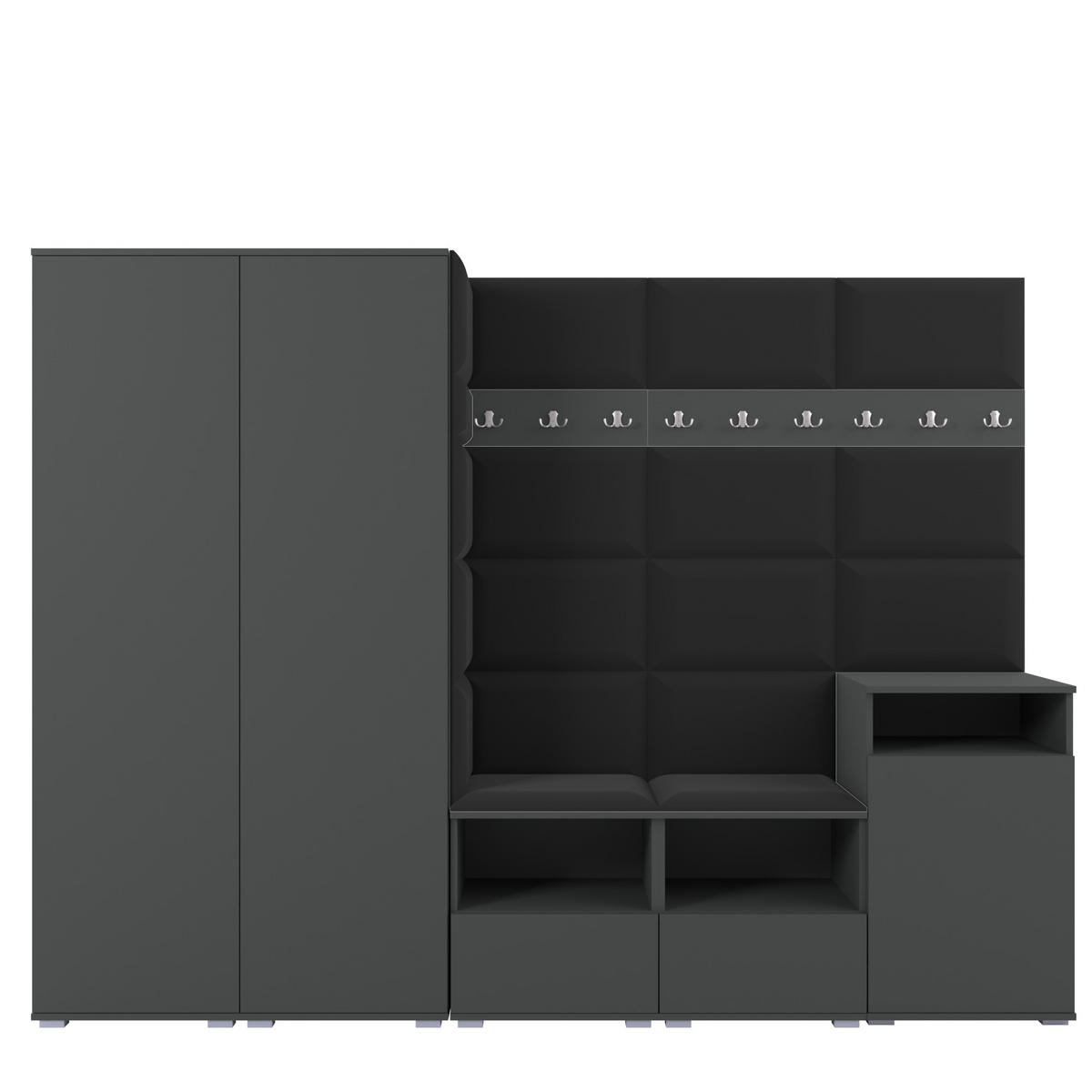 GARDEROBE NELA VIII 250 cm (Modulare Flurmöbel Graphit mit Sitzpolster Schwarz 16 2 Schränke + Sideboard) - Silberfarben/Schwarz, Holz/Holzwerkstoff (250/187/40cm) - Ravio