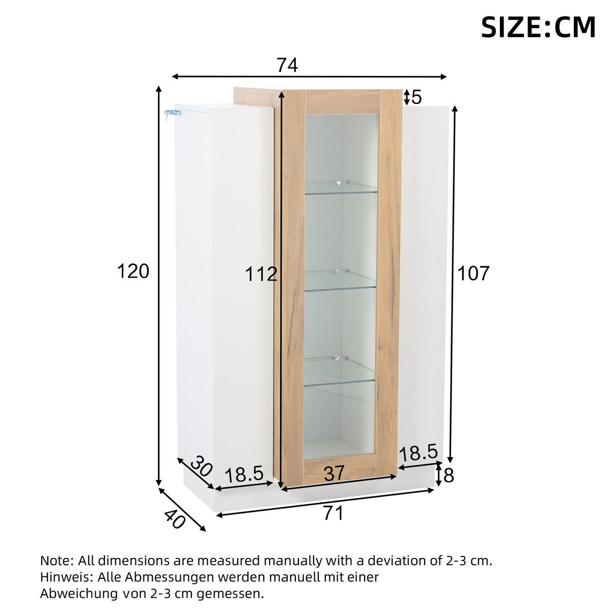 VITRINE aus Spanplatte 74x40x120 cm Weiß/Natur mit LED-Beleuchtung und 3 Türen - Weiß, Holzwerkstoff (74/120/40cm) - IVMEU