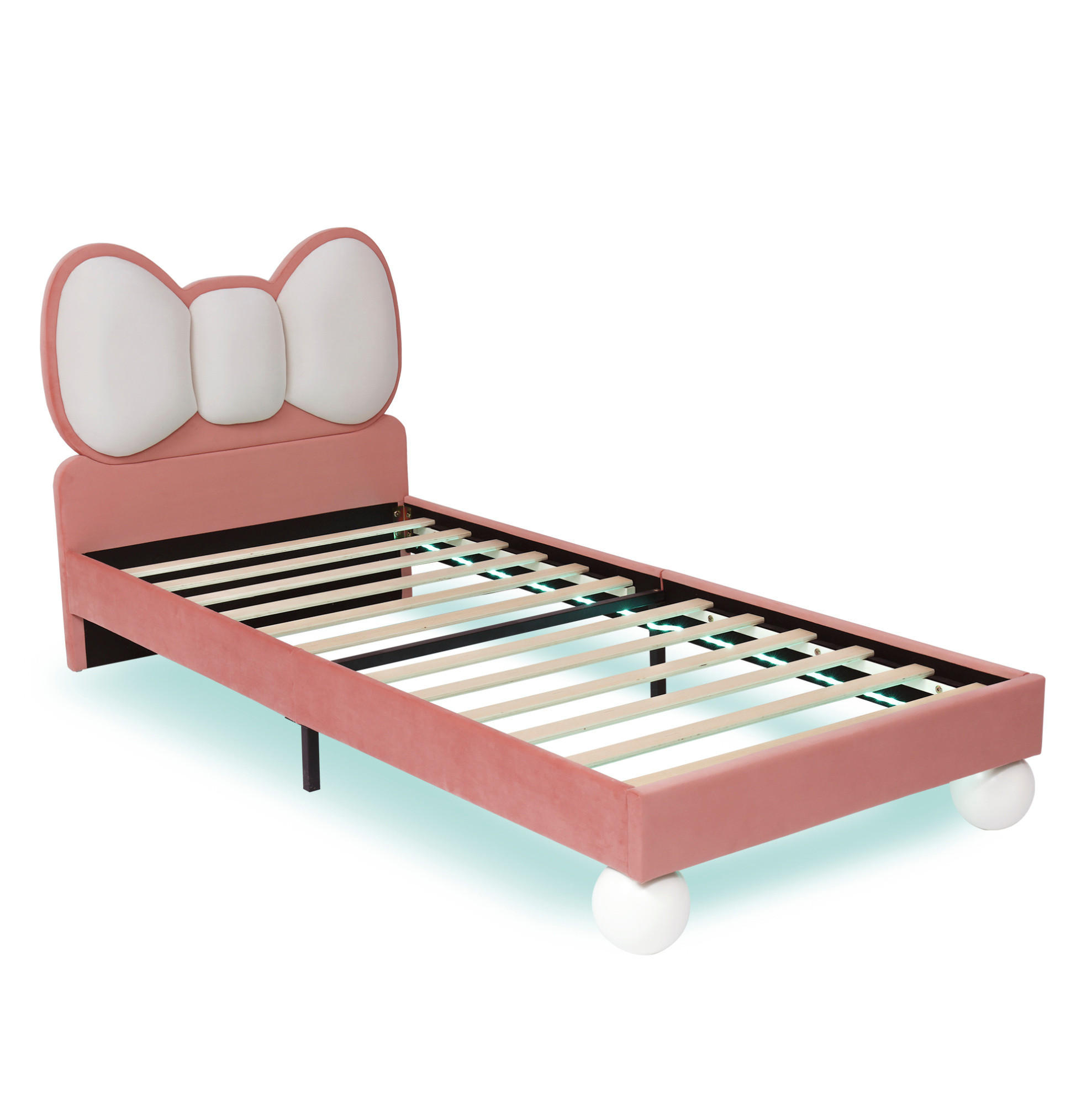 KINDEREINZELBETTEN aus Samt 90x200 cm in Beige und Rosa mit LED-Lichtleiste - Rosa, Textil (90/200cm) - Modfu