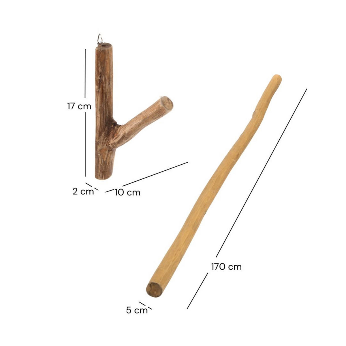 GARDINENSTANGE Vara 170 cm, Teak Massivholz mit Ast-Wandhaken - Naturfarben, Holz (10cm) - CREEDWOOD