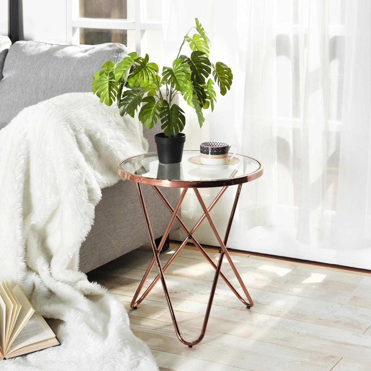 BEISTELLTISCH rundes Glas Roségold - Transparent/Roségold, Glas/Metall (45/45/50cm) - Urban Meuble